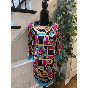 Nicole Miller Shift Dress M Multi Geometric Boat Neck 3/4 Sleeve Pullover Party